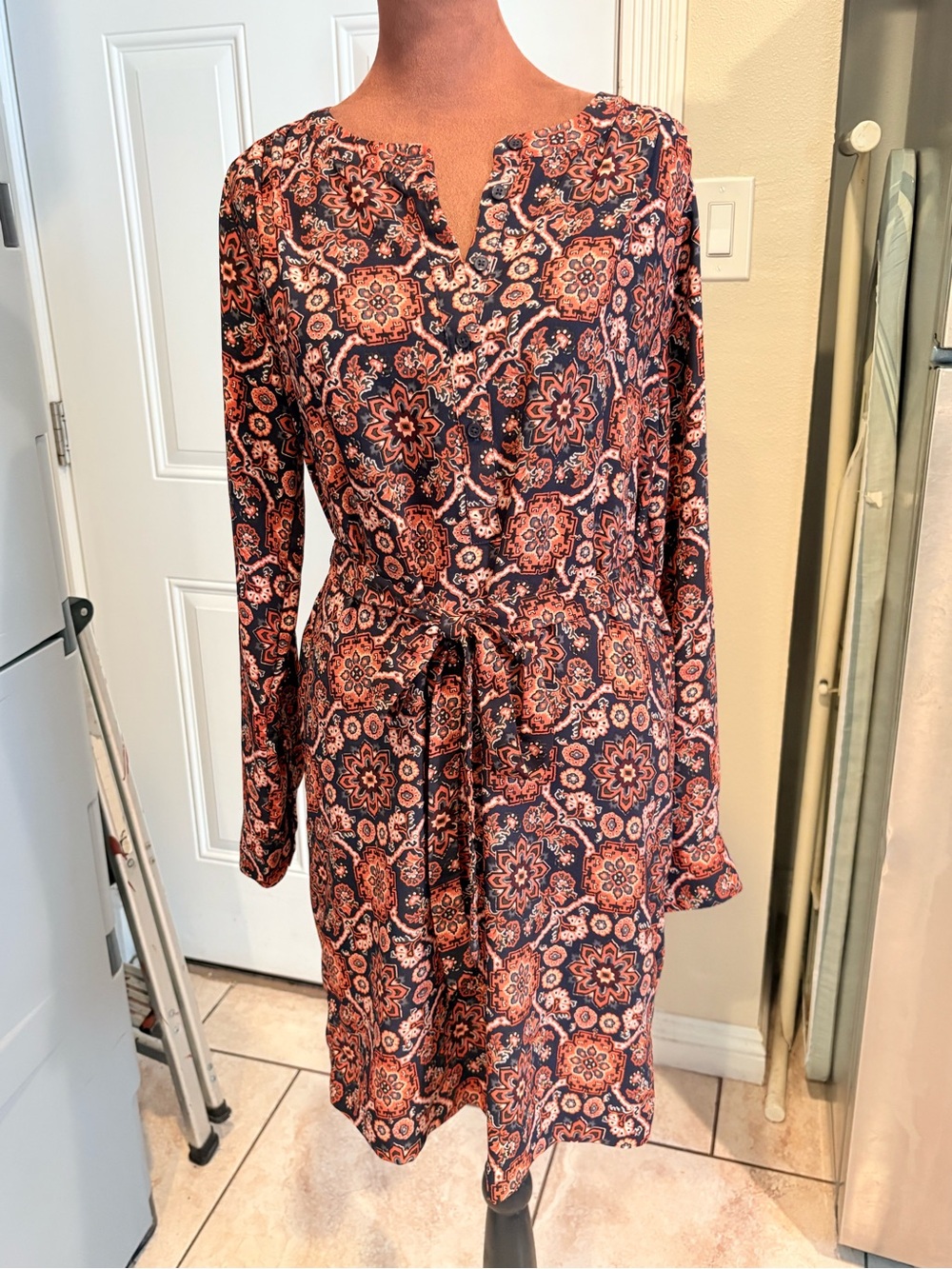 LOFT Navy and Rust Floral Tie-Waist Long-Sleeve Dress
